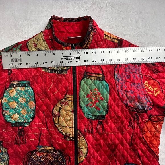 Chico's Womens Quilted Lantern Print Jacket Size 2 Red Silk Zip Up Lightweight - Picture 5 of 8